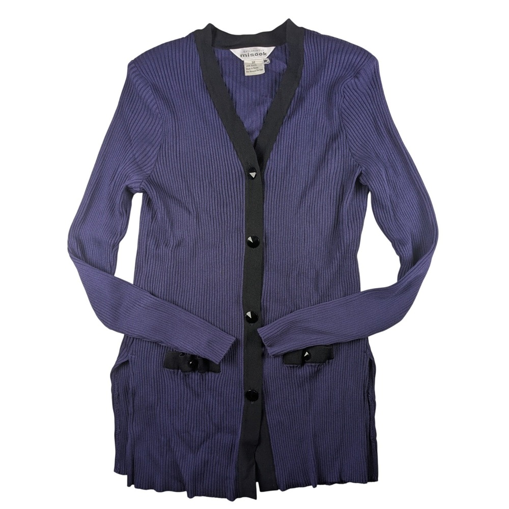 Misook Exclusively Purple Black Trim Ribbed Knit Cardigan Bow Detail‎ Medium